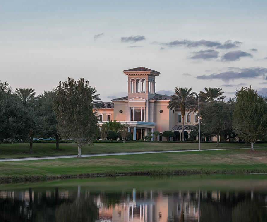 clubhouse reflected in water